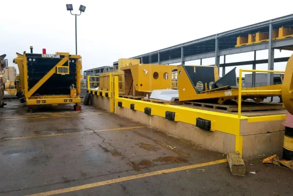 A parking area with dumpsters marked by yellow lines.