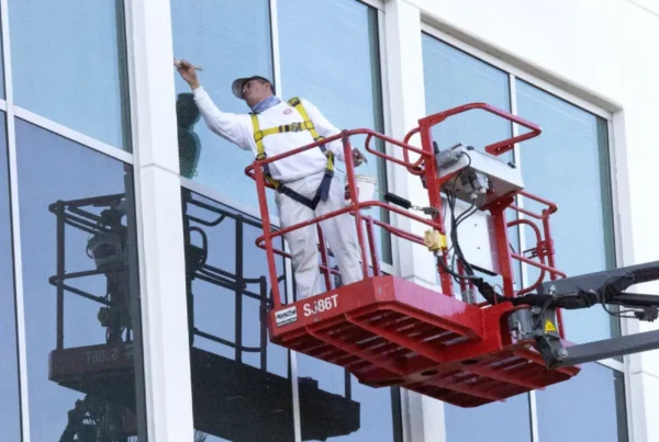 Painter on a lift, carefully applying paint to a high wall with precision and expertise.