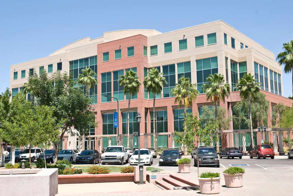 Building parking lot with palm trees