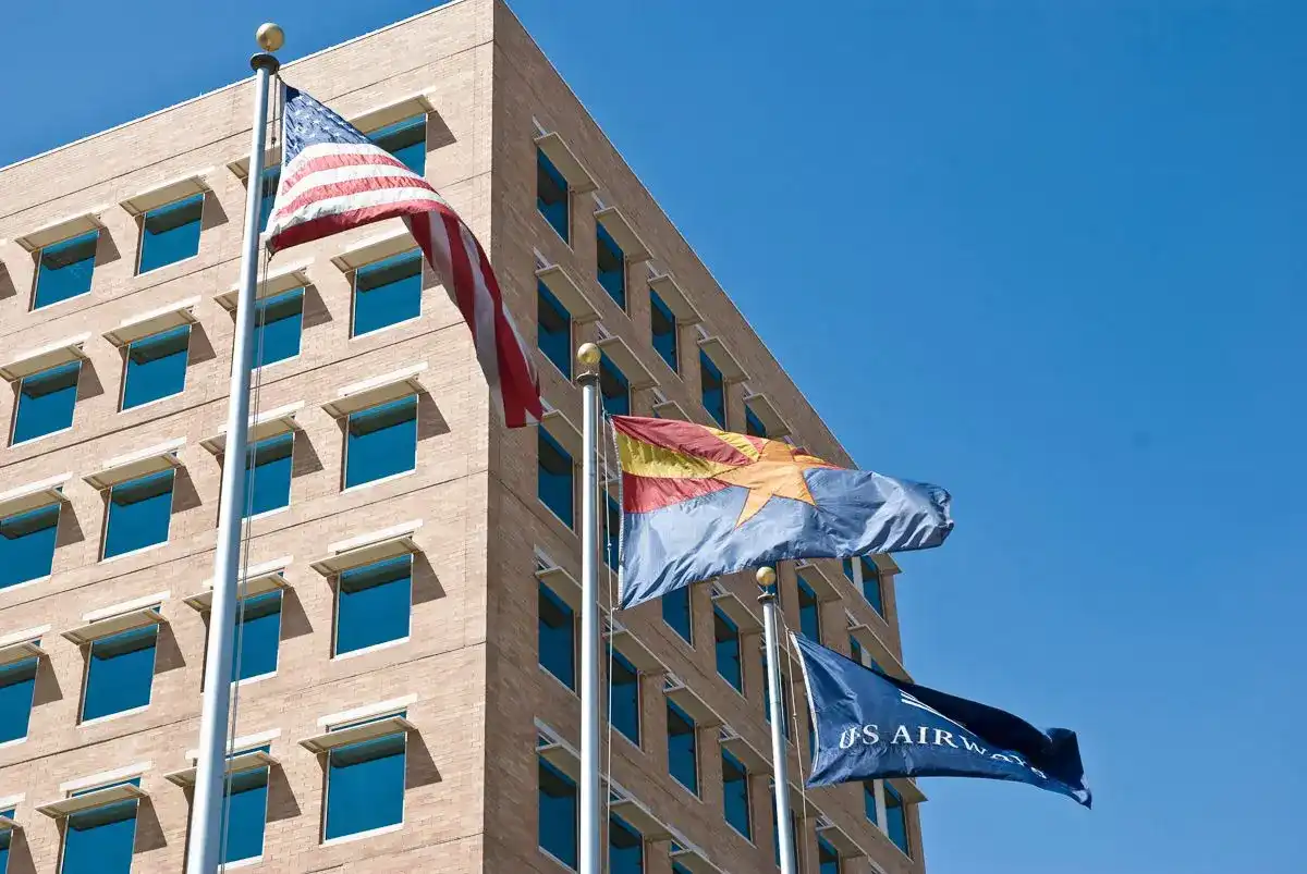 US airways building with flags