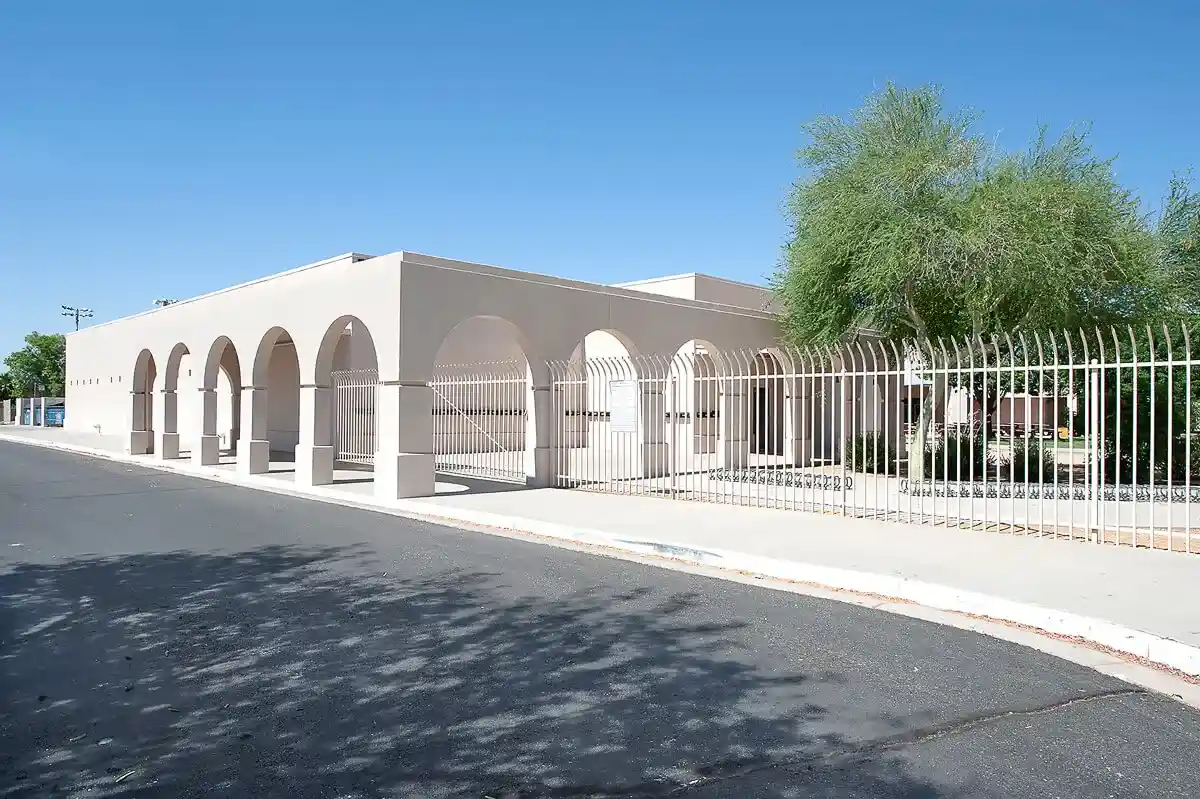 school building with fence